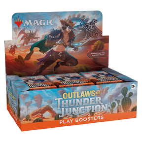 MTG Outlaws of Thunder Junction Play Booster Box by Wizards of the Coast, featuring colorful card artwork and booster packaging.