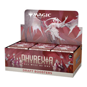 MTG Phyrexia All Will Be One Draft Booster Box by Wizards of the Coast showing colorful booster pack artwork and box design.