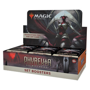MTG Phyrexia All Will Be One Set Booster Box by Wizards of the Coast, featuring colorful artwork and booster packaging.