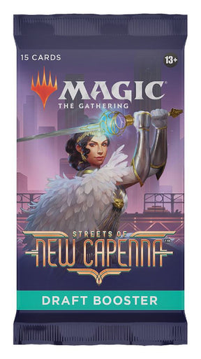MTG Streets of New Capenna Draft Booster Pack by Wizards of the Coast, featuring colorful fantasy card artwork and pack design.