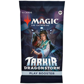 Magic: The Gathering Tarkir Dragonstorm booster pack by Wizards of the Coast, featuring colorful artwork and game card packaging.