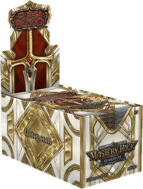 Flesh and Blood Mastery Pack Warrior booster box of collectible trading cards from Legends Story Studios, featuring vibrant card artwork.
