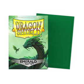 Dragon Shield matte emerald standard card sleeves for collectible card game protection, showing a pack of vibrant green sleeves.