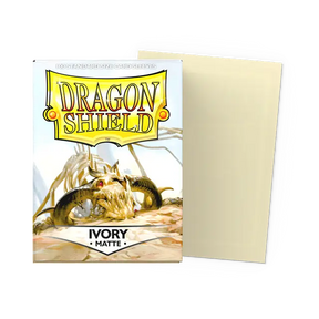 Matte ivory Dragon Shield standard card sleeves for protective card gaming, showing smooth, matte finish and transparent design.