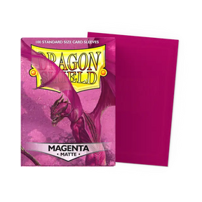 Dragon Shield matte magenta standard card sleeves, showing the sleek, colorful design ideal for protecting trading cards.