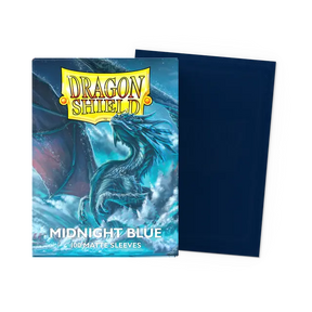 Dragon Shield matte midnight blue standard card sleeves, durable protective card supplies for trading card games.