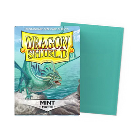 Dragon Shield matte mint standard card sleeves, showing smooth, durable mint-colored protective sleeves for trading cards.