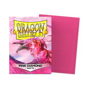 Dragon Shield matte pink diamond standard card sleeves, durable plastic gaming sleeves with a vibrant pink finish.