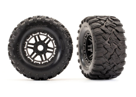 Traxxas Maxx 2.8-inch black wheels with Maxx MT tires for RC car off-road performance, shown on the wheels and tires.