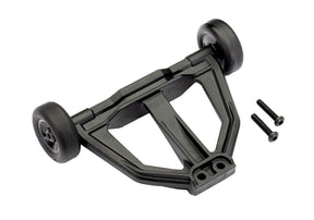 Traxxas black wheelie bar for RC cars, durable plastic construction, mounted on a mini RC vehicle for stability during wheelies.