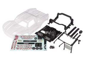 Traxxas Mini Slash 4X4 clear body shell for RC truck, showing detailed transparent plastic design and shape.