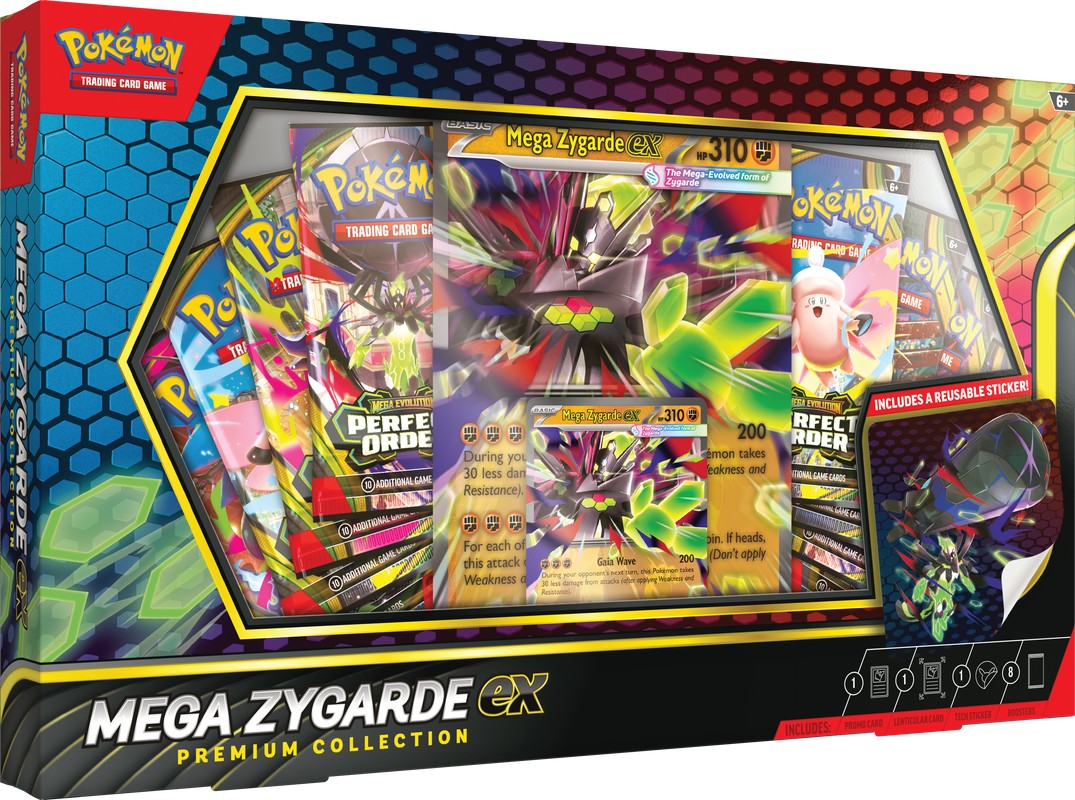 Mega Zygarde ex Premium Collection featuring vibrant card artwork and collectible items from the Pokemon brand.