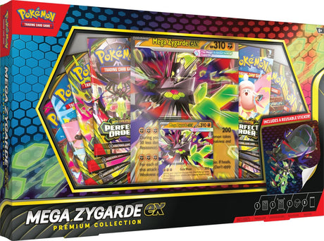 Mega Zygarde ex Premium Collection featuring vibrant card artwork and collectible items from the Pokemon brand.