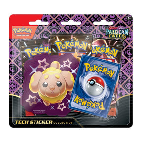 Pokemon Paldean Fates Tech Sticker Collection featuring Pokémon TCG stickers with vibrant designs and collectible artwork.