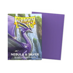Dragon Shield Nebula and Silver dual matte standard sleeves for trading cards, featuring vibrant nebula design and sleek silver finish.