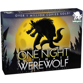 One Night Ultimate Werewolf game by Bezier Games, showing colorful character cards and game components on a table.