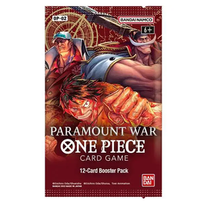 Bandai One Piece TCG Paramount War Booster Pack showing colorful cards with pirate and character artwork.