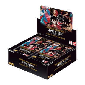 Bandai One Piece TCG Four Emperors Booster Box OP-09 with colorful card packs and packaging display.