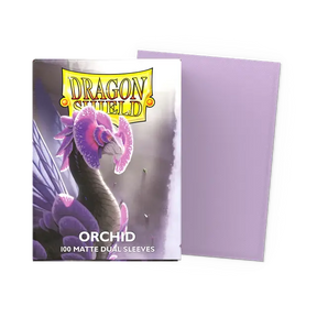 Dragon Shield Orchid dual matte standard card sleeves, featuring vibrant orchid color and smooth matte finish, for collectible card protection.