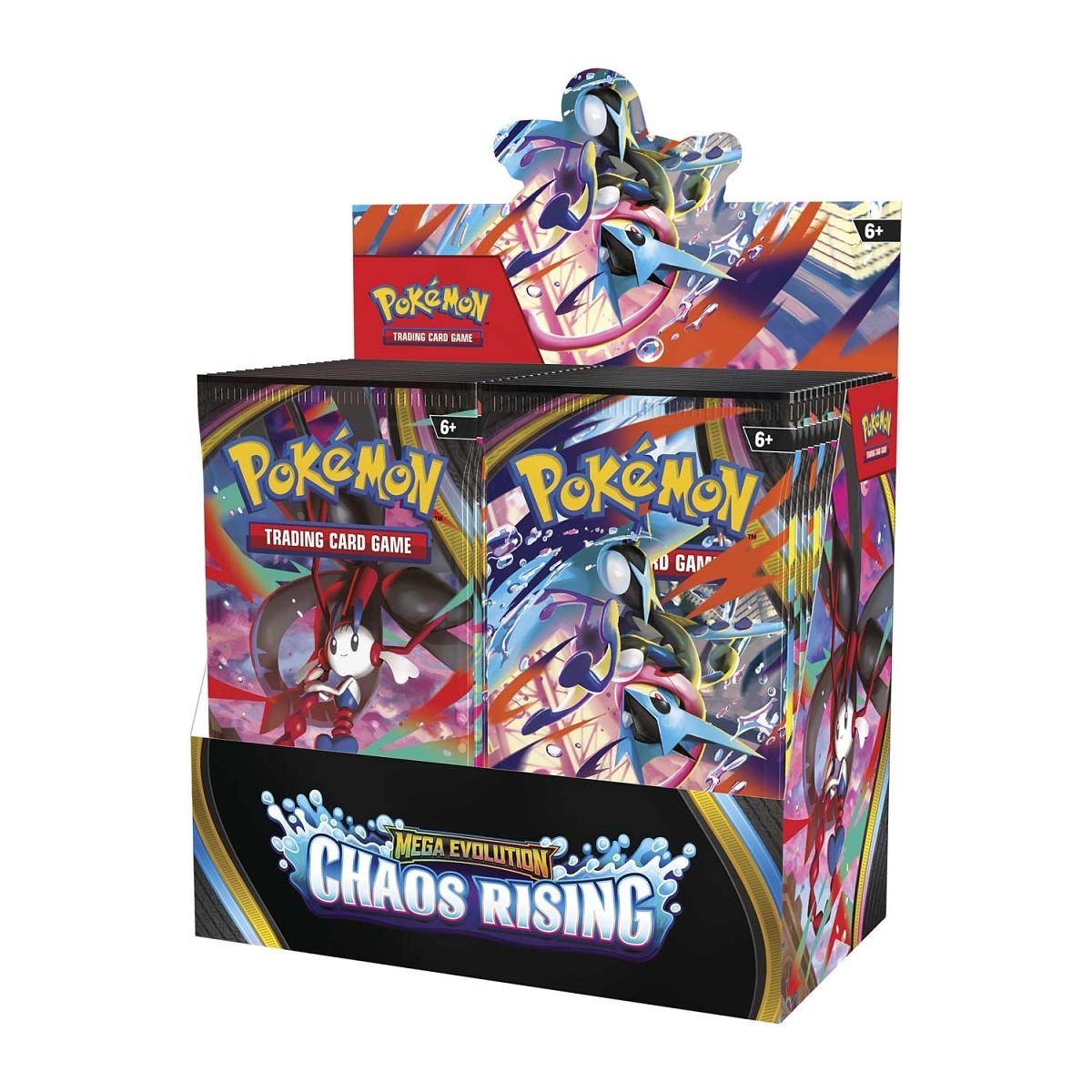 Pokémon TCG Chaos Rising booster box featuring colorful packaging with Pokémon characters and booster packs displayed.