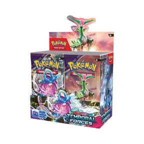 Pokemon Temporal Forces Booster Box featuring colorful trading card packs with vibrant artwork and collectible cards.