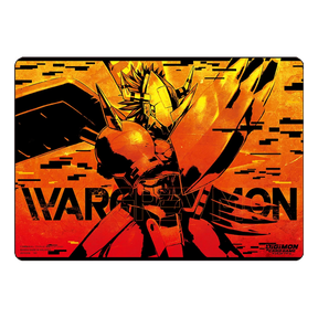 Official WarGreymon Digimon TCG playmat by Bandai featuring detailed WarGreymon artwork on a vibrant background.