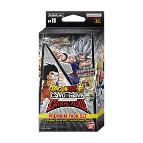 Bandai Dragon Ball Super Critical Blow Premium Pack with collectible cards and game accessories arranged on a display card.