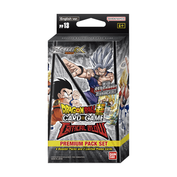 Bandai Dragon Ball Super Critical Blow Premium Pack with collectible cards and game accessories arranged on a display card.