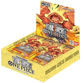 Bandai One Piece TCG premium booster box with collectible trading cards, featuring vibrant packaging and multiple booster packs.