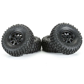 Proline 1/30 BFG Krawler tires mounted on black Icon wheels for SCX30 off-road RC vehicle, front and rear setup.