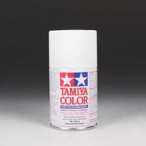 Tamiya PS-1 White spray paint can, 100ml, with white aerosol spray nozzle and label on the Tamiya product packaging.