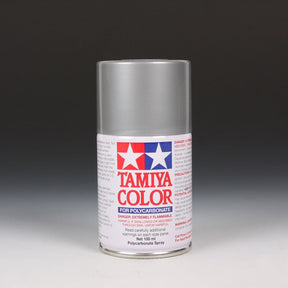 Tamiya PS-12 Silver spray paint can, 100ml, showing the silver-colored aerosol container for model painting and finishing projects.