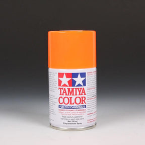 Tamiya PS-24 Fluorescent Orange spray paint in 100ml bottle, bright orange acrylic paint for model and hobby projects.