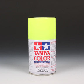Tamiya PS-27 Fluorescent Yellow spray paint can, 100ml, with the spray nozzle visible, used for model painting and customization.