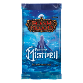Flesh and Blood Part the Mistveil booster pack of collectible trading cards from Legends Story Studios, featuring fantasy-themed card art.