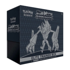 Pokémon Burning Shadows Elite Trainer Box featuring Pokémon TCG booster packs, card sleeves, and accessories in vibrant packaging.