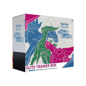 Pokémon Cosmic Eclipse Elite Trainer Box with Pokémon TCG branding, featuring booster packs, card storage, and accessories.