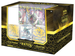 Pokemon Hidden Fates Ultra-Premium Collection box featuring Pokémon TCG cards, packaging, and accessories displayed on a white background.