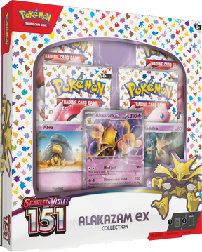 Pokemon TCG Alakazam ex from the Pokemon: 151 collection featuring the Pokémon Alakazam on the card box.