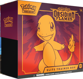 Pokémon TCG Obsidian Flames Elite Trainer Box featuring Pokémon branding and artwork, containing card storage and accessories.