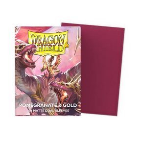 Dragon Shield Pomegranate and Gold dual matte standard sleeves, featuring vibrant red and gold design for trading card protection.