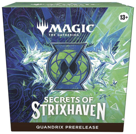 MTG Secrets of Strixhaven Quandrix Prerelease Box from Wizards of the Coast featuring colorful booster packs and promotional materials.