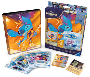 Lorcana TCG Winterspell Collection Starter Set featuring Stitch Edition with colorful trading cards and game accessories.