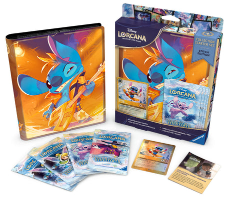 Lorcana TCG Winterspell Collection Starter Set featuring Stitch Edition, includes trading cards and game accessories for collectors and players.