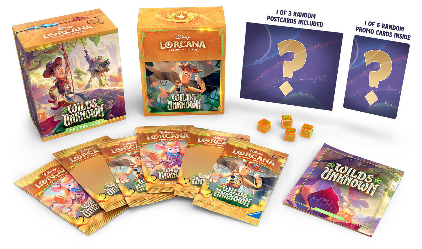 Lorcana TCG Wilds Unknown Prerelease Box with colorful game cards and packaging for collectible card game enthusiasts.