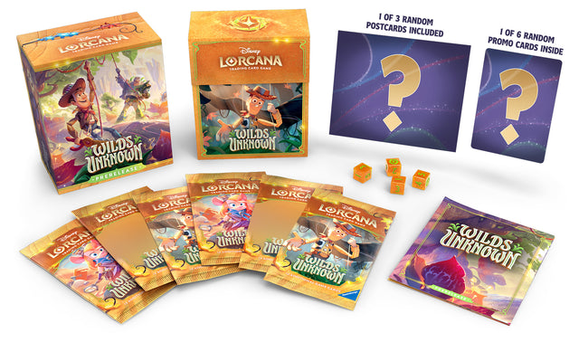 Lorcana TCG Wilds Unknown Prerelease Box with colorful game cards and packaging for collectible card game enthusiasts.