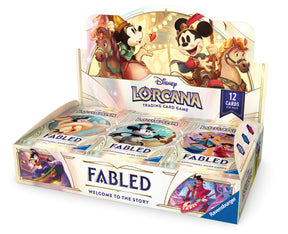 Lorcana TCG Fabled Booster Box featuring colorful card artwork and packaging for collectible trading card game.