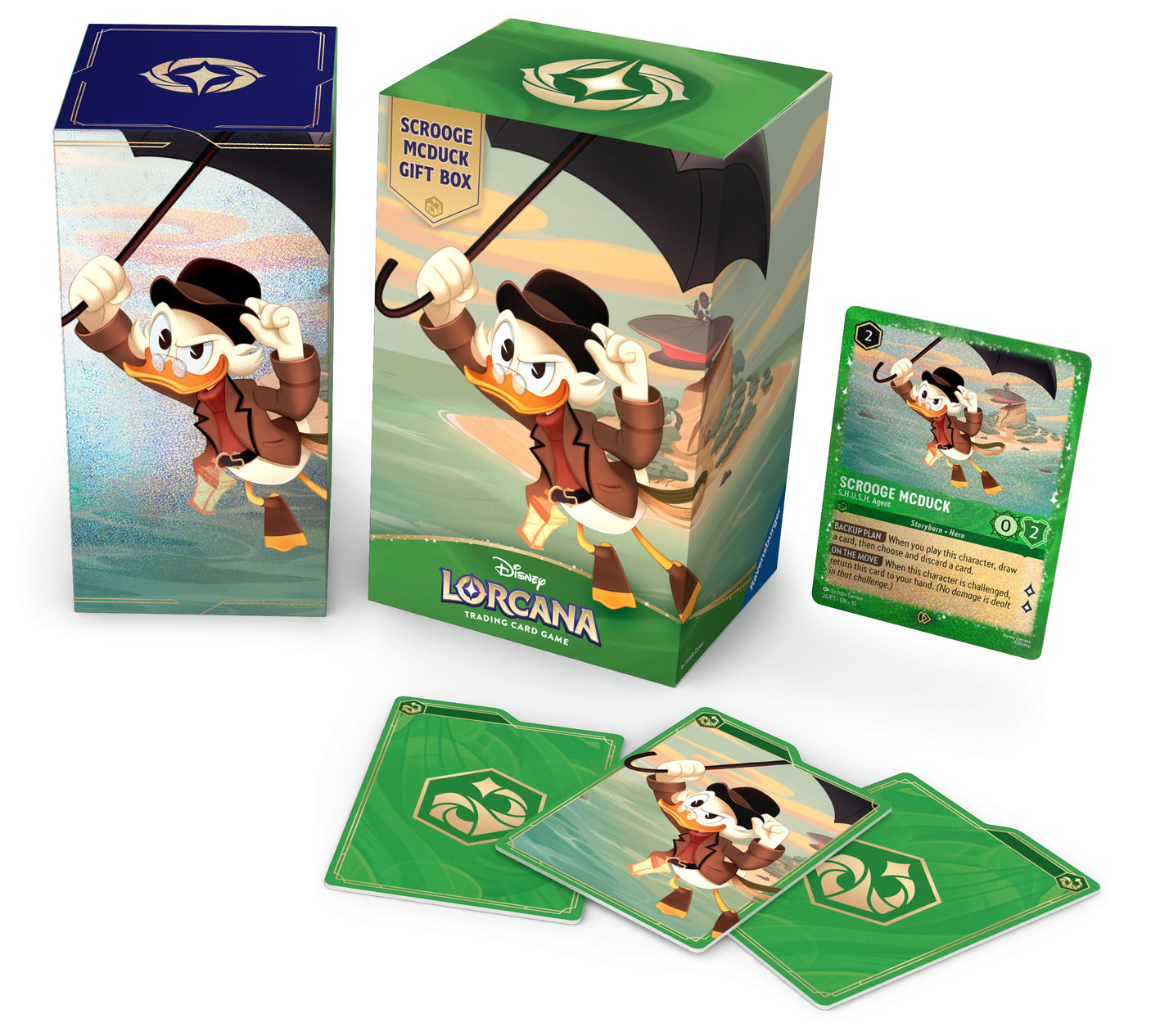 Lorcana TCG Scrooge McDuck Winterspell Gift Box featuring colorful card packaging and themed artwork on the front.
