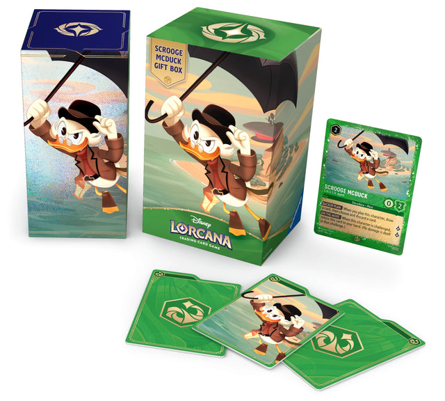 Lorcana TCG Scrooge McDuck Winterspell Gift Box featuring colorful card packaging and themed artwork on the front.