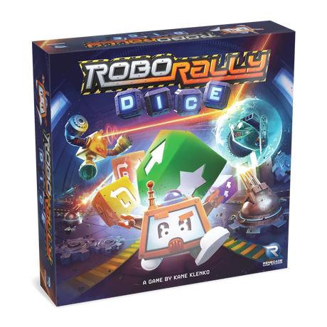 Set of Robo Rally dice from Renegade Game Studios in a colorful box with a shadowed 3D effect.